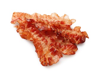 Delicious fried bacon slices isolated on white