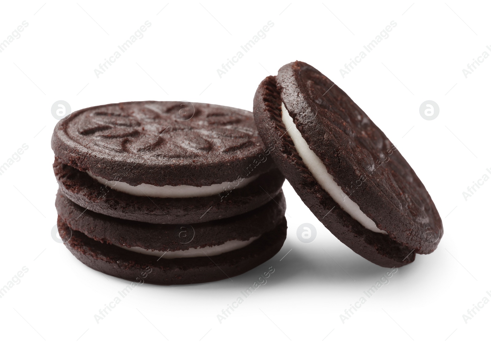 Photo of Three tasty sandwich cookies isolated on white