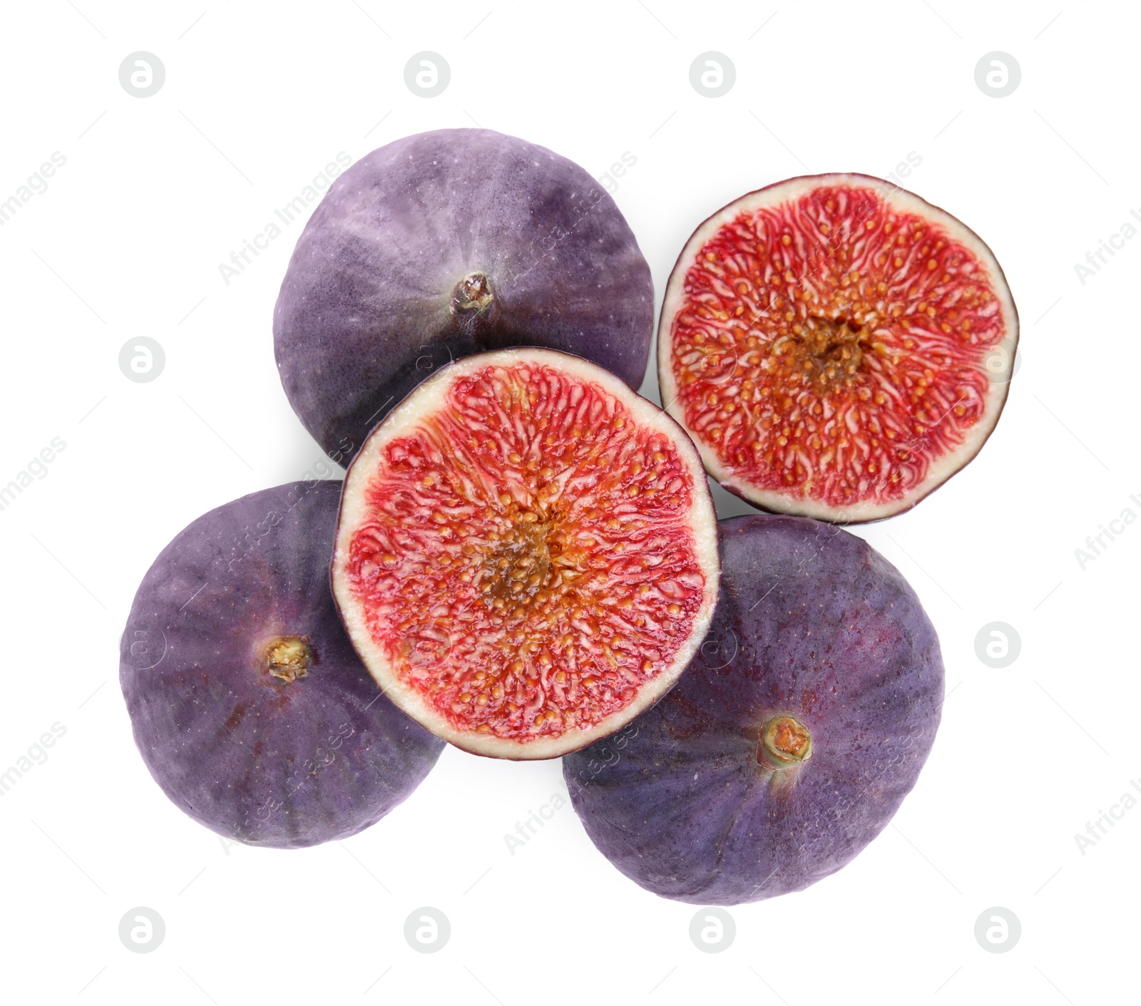 Photo of Whole and cut fresh figs isolated on white, top view