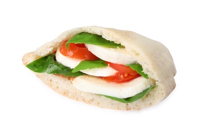 Photo of Delicious pita sandwich with mozzarella, tomatoes and basil isolated on white