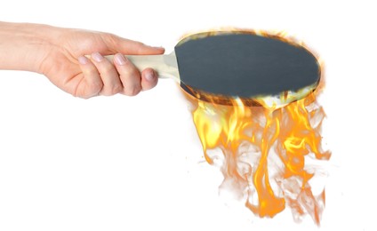 Image of Woman holding racket in fire on white background, closeup
