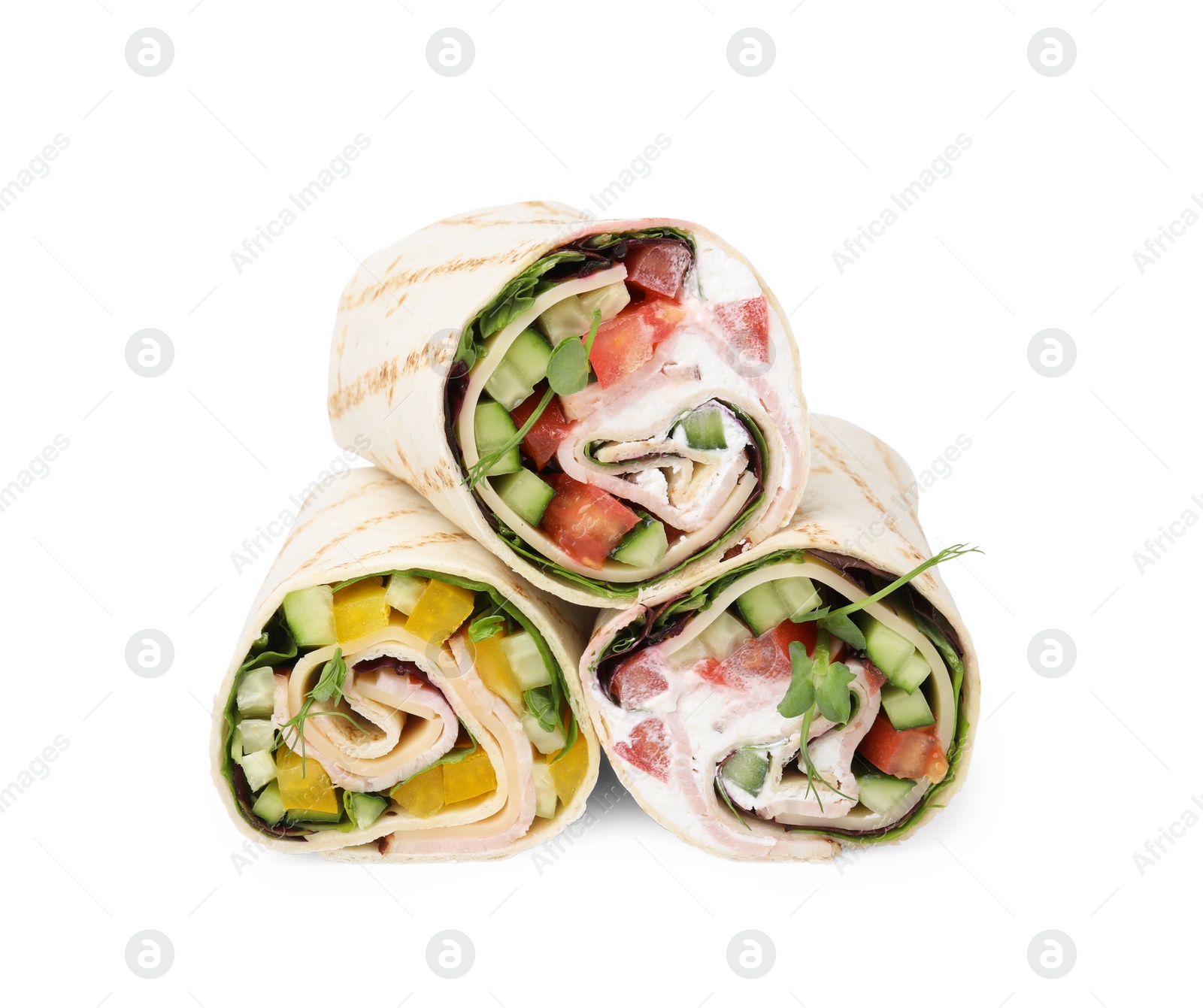 Photo of Delicious sandwich wraps with fresh vegetables isolated on white