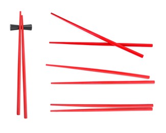 Image of Collage with red chopsticks isolated on white