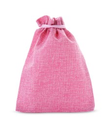 Photo of One pink burlap bag isolated on white