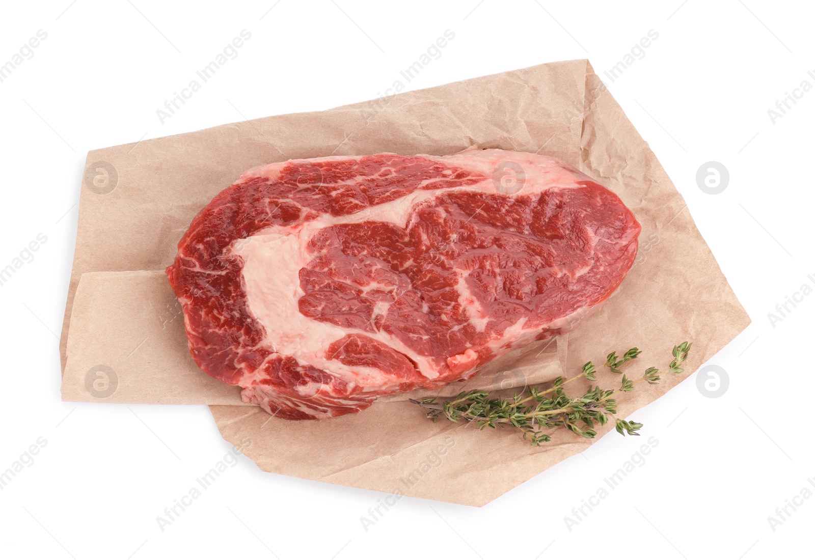 Photo of Piece of fresh beef meat and thyme isolated on white, top view