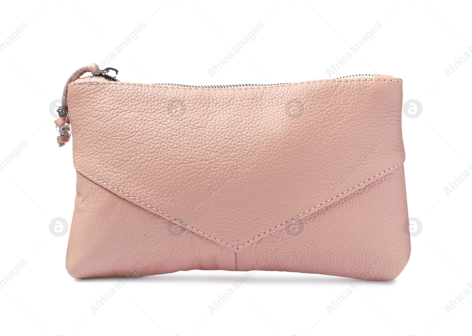 Photo of Stylish pink cosmetic bag isolated on white
