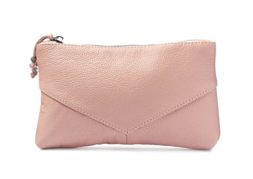 Photo of Stylish pink cosmetic bag isolated on white