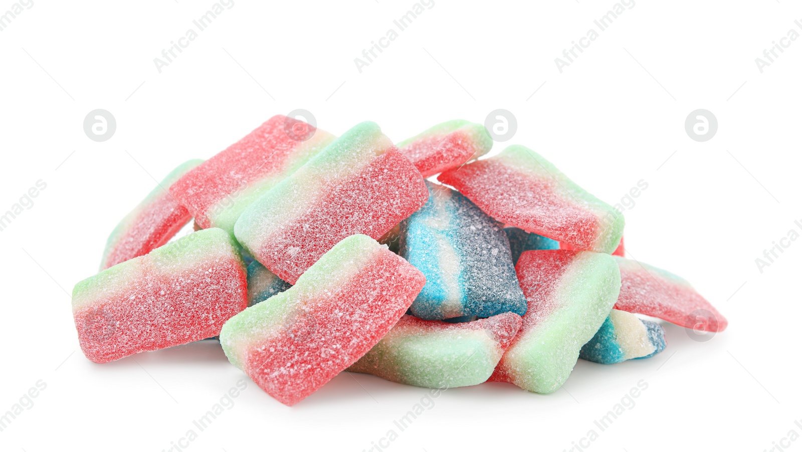 Photo of Pile of tasty colorful jelly candies on white background