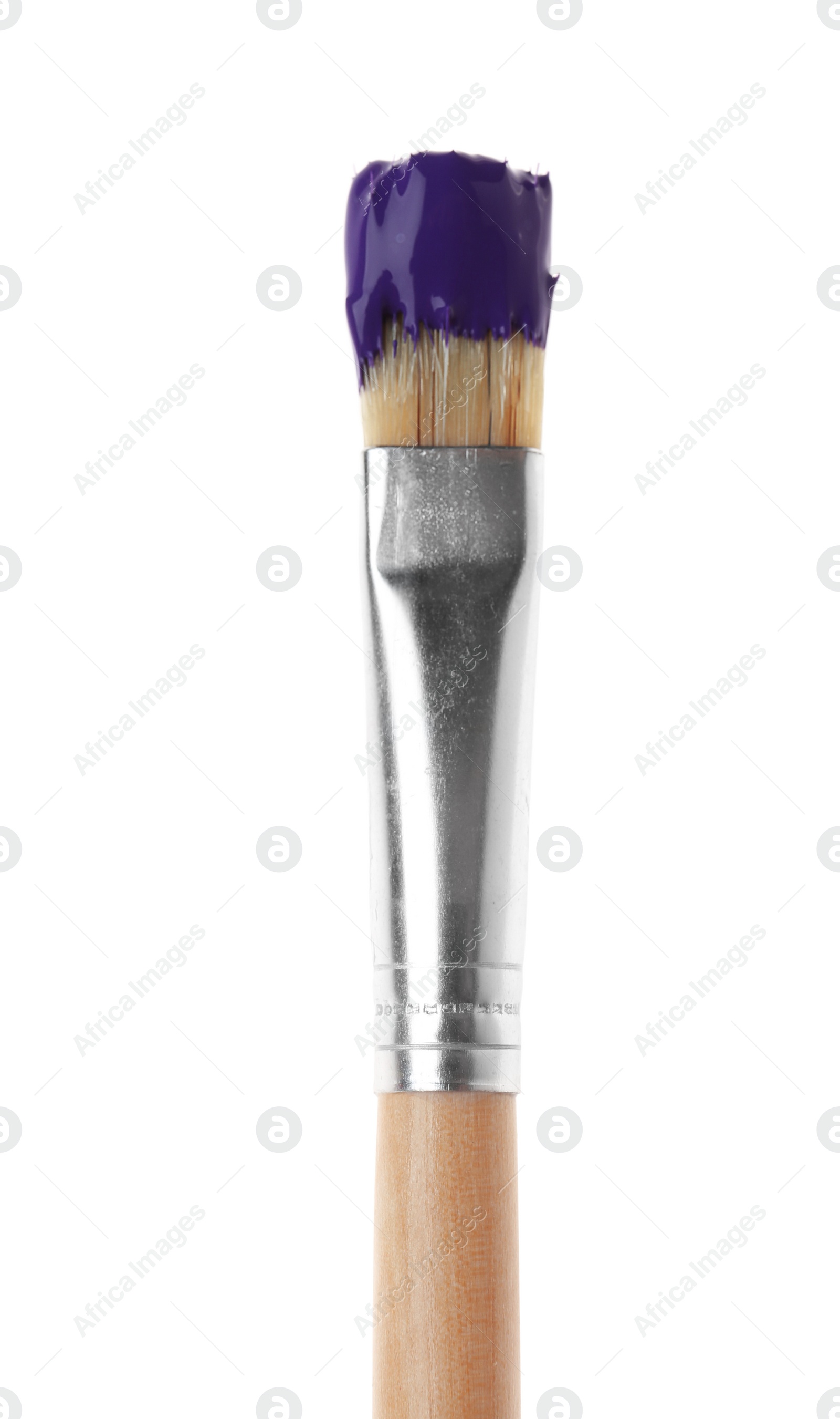 Photo of Brush with purple paint on white background