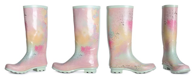 Image of Set with color rubber boots on white background. Banner design
