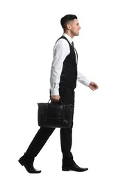 Businessman with stylish leather briefcase on white background