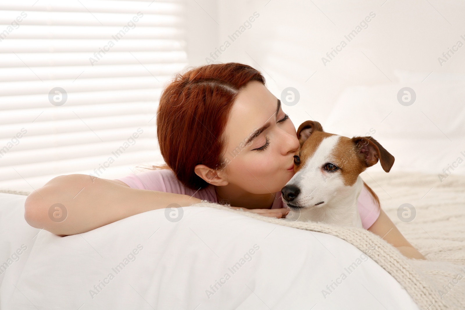 Photo of Woman kissing cute Jack Russell Terrier dog on bed at home