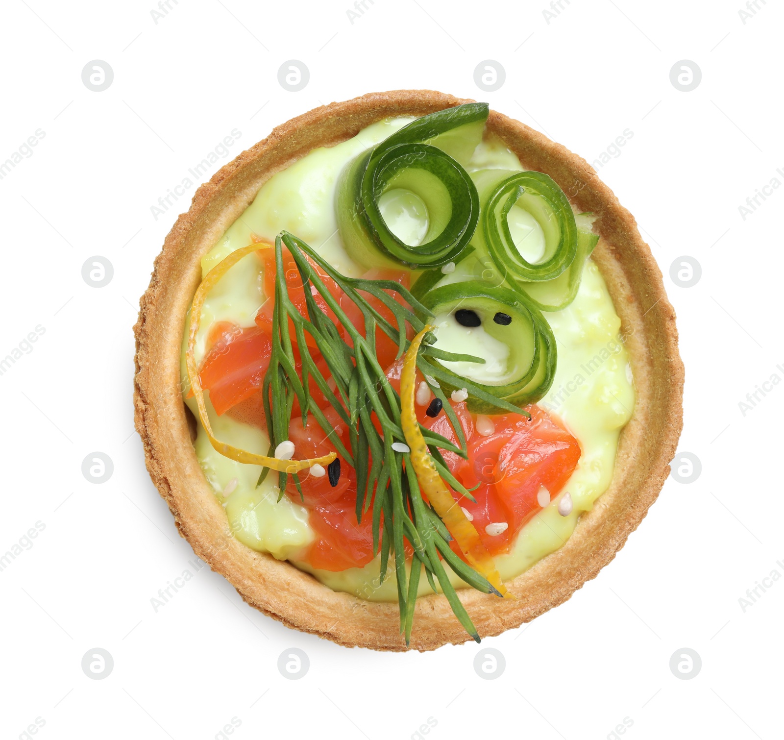 Photo of Delicious canape with salmon isolated on white, top view