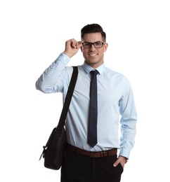 Businessman with stylish leather briefcase on white background