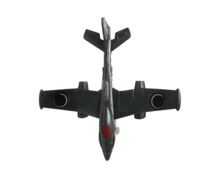 Photo of Modern toy military airplane on white background, top view