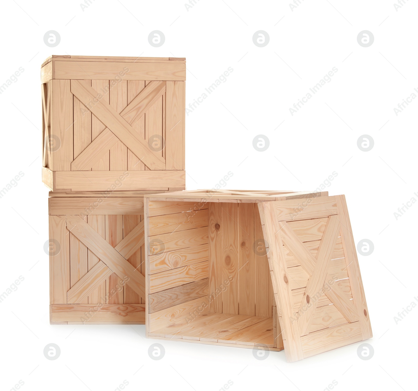 Photo of Group of wooden crates isolated on white