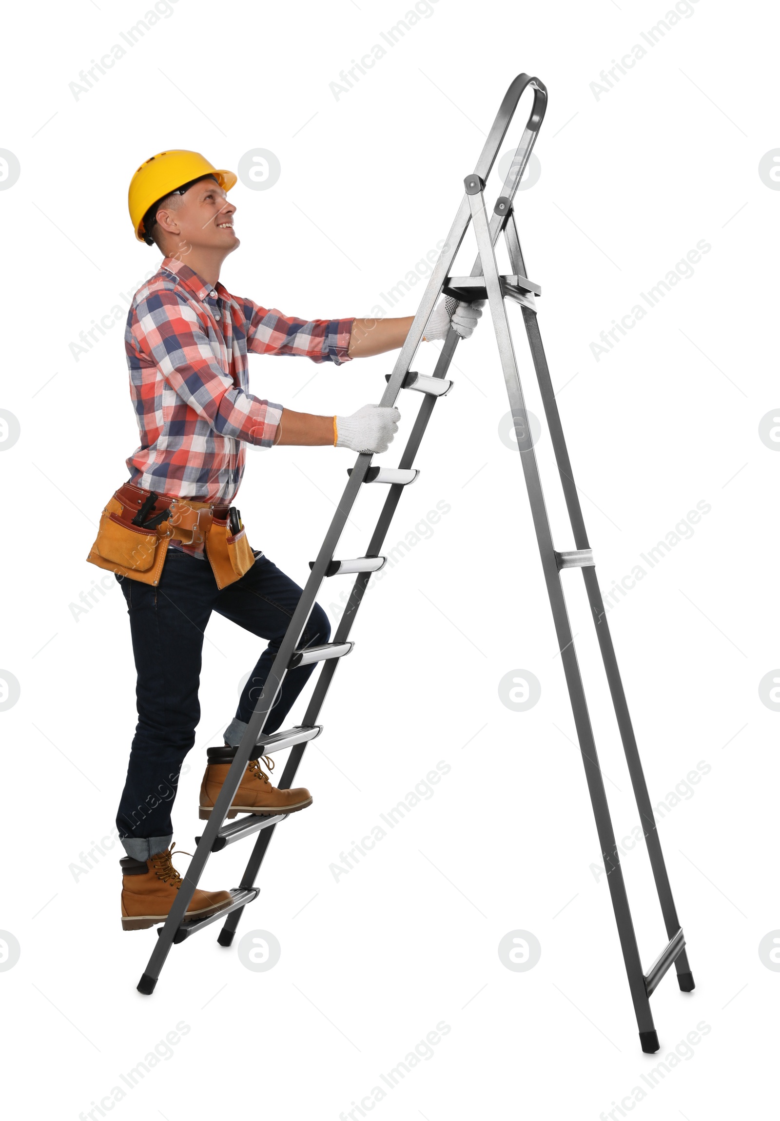 Photo of Professional constructor climbing ladder on white background