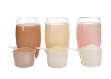 Protein shakes and different types of powder isolated on white