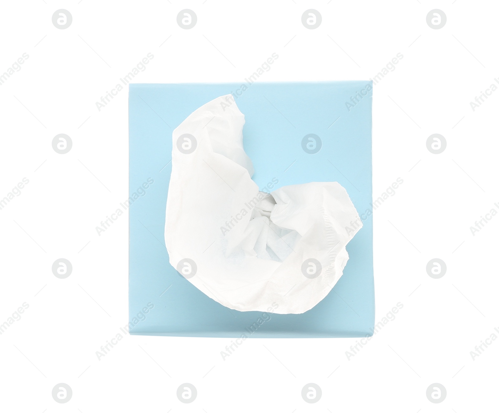 Photo of Box with paper tissues isolated on white, top view