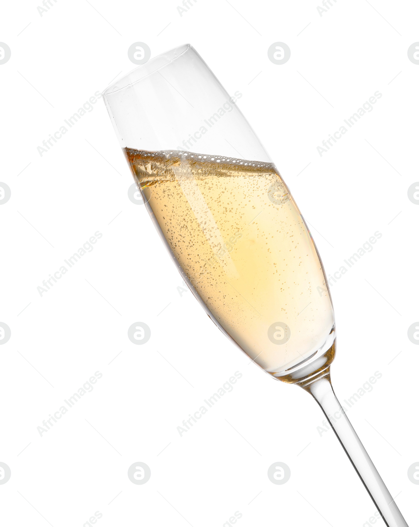 Photo of Glass of champagne on white background. Festive drink