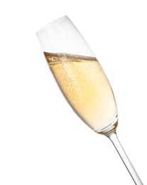 Photo of Glass of champagne on white background. Festive drink