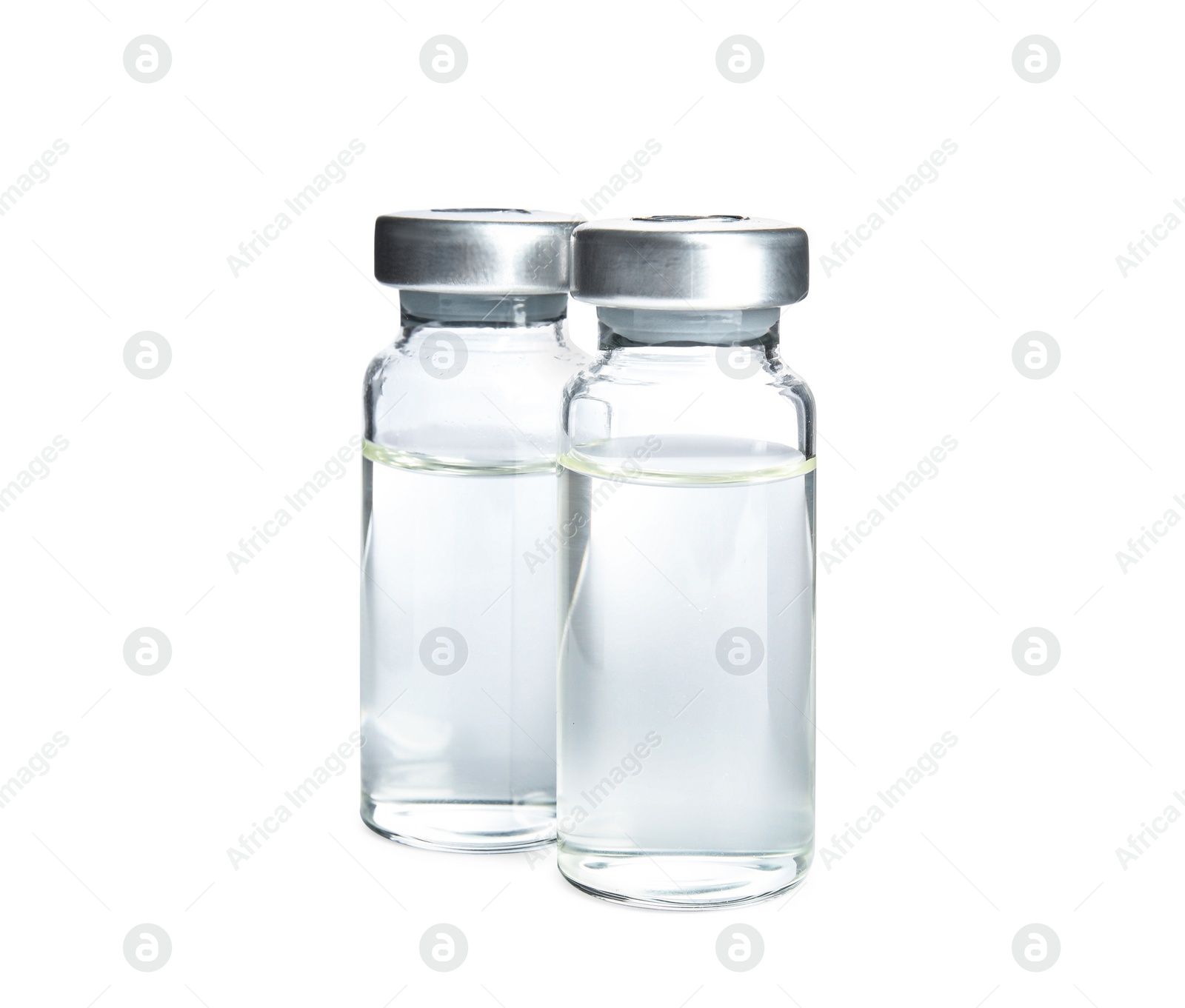 Photo of Vials with medication on white background. Vaccination and immunization