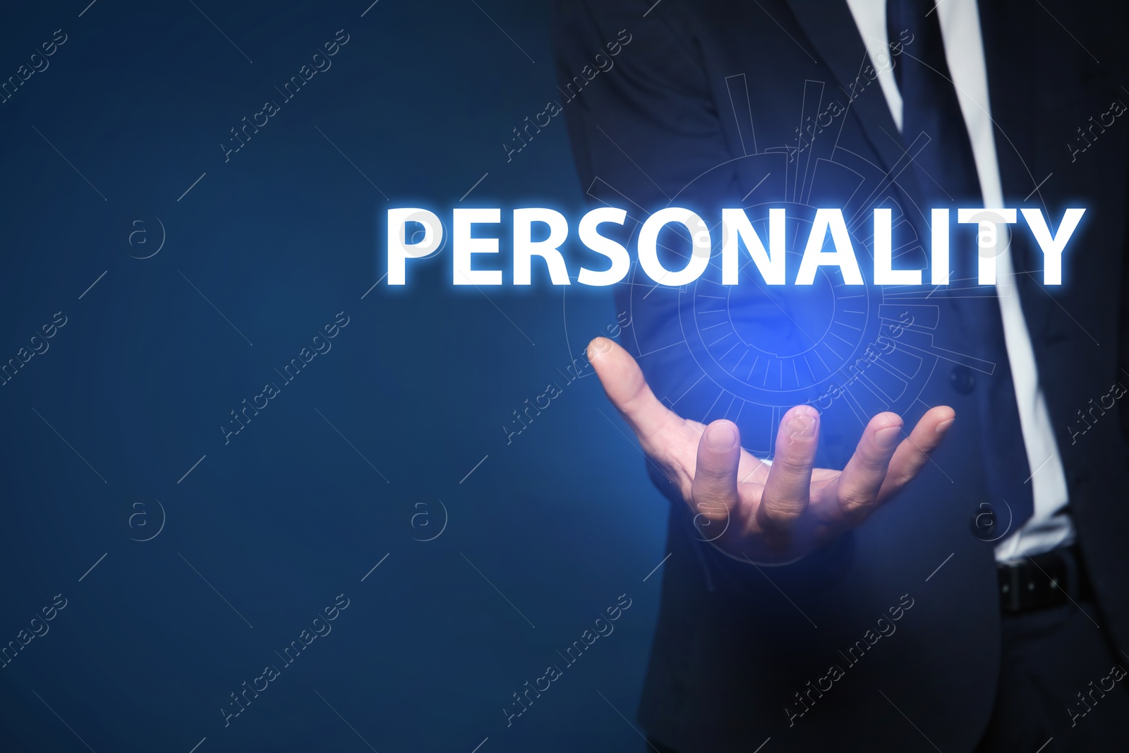 Image of Man showing virtual model of word PERSONALITY against dark blue background, closeup 