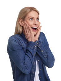 Photo of Portrait of happy surprised woman isolated on white
