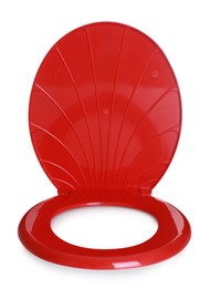 Photo of New red plastic toilet seat isolated on white