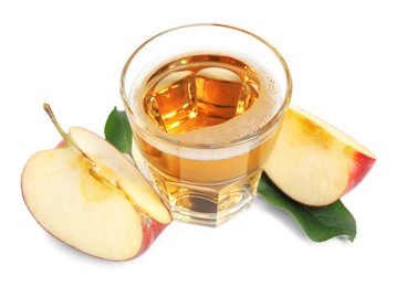 Photo of Delicious cider in glass near pieces of ripe apple on white background