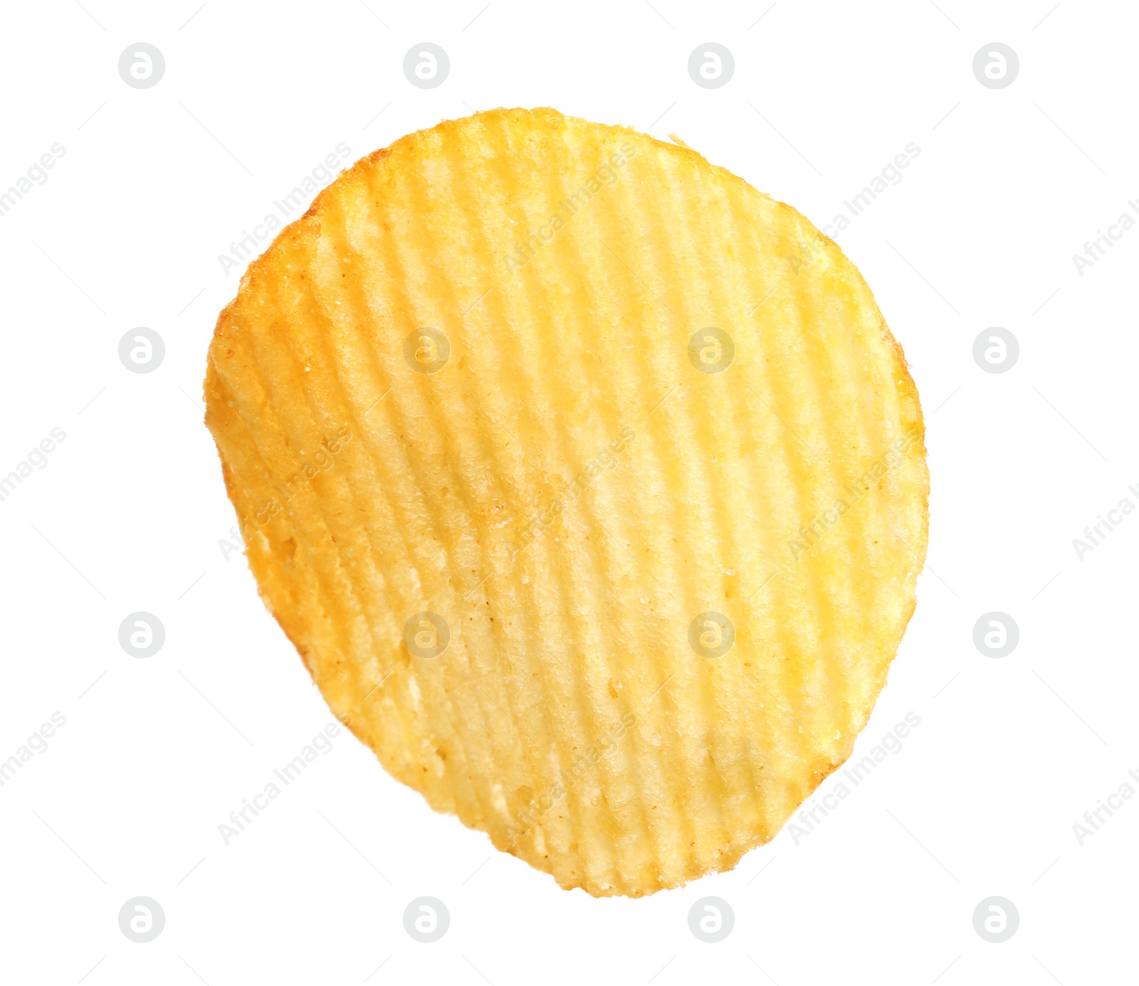 Photo of Tasty ridged potato chip on white background