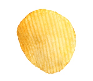 Tasty ridged potato chip on white background