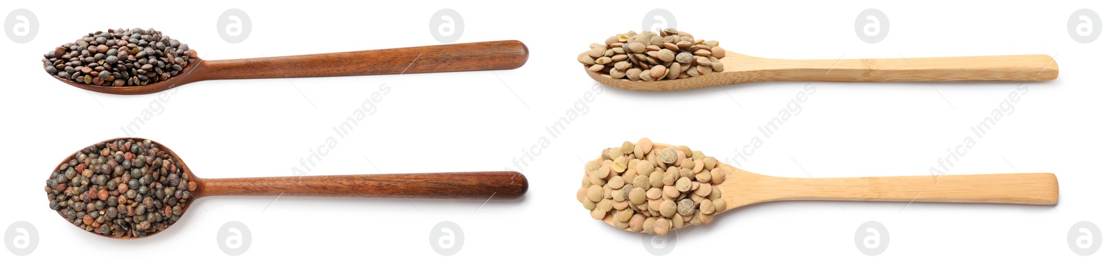 Image of Different lentils in spoons on white background, top and side views