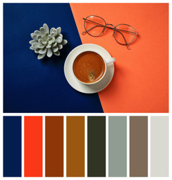 Flat lay composition inspired by color of the year 2020 (Classic blue) on bright background