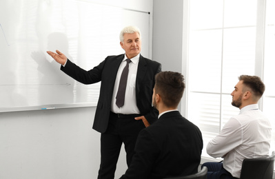 Photo of Senior business trainer working with people in office