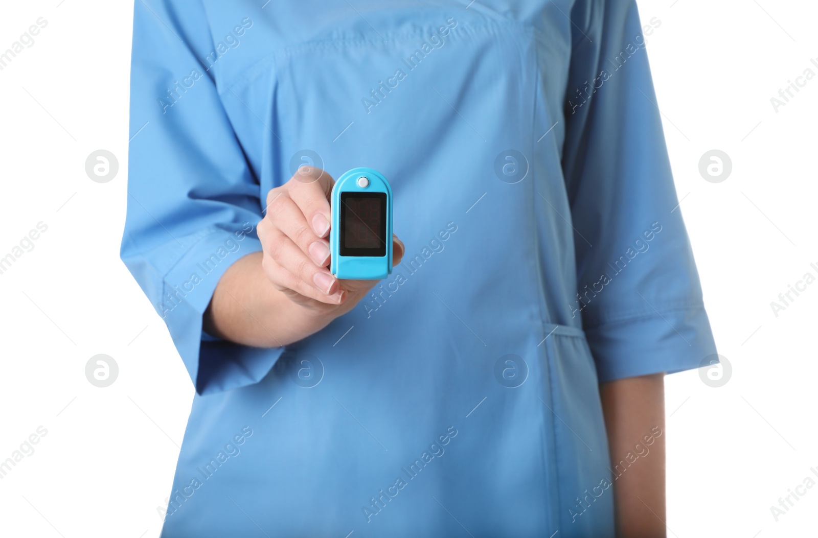 Photo of Female doctor holding heart rate monitor on white background, closeup. Medical object