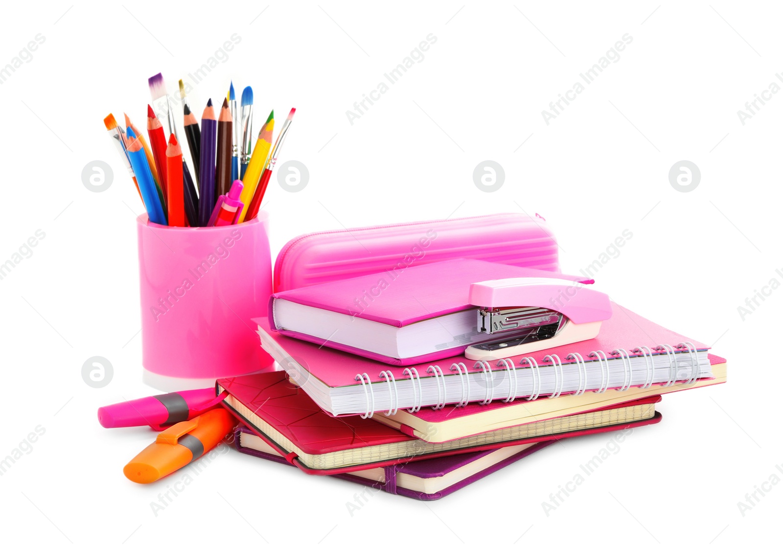 Photo of Set of colorful school stationery on white background