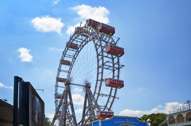 VIENNA, AUSTRIA - JUNE 18, 2018: Grand Ferris Wheel in amusement park on sunny day