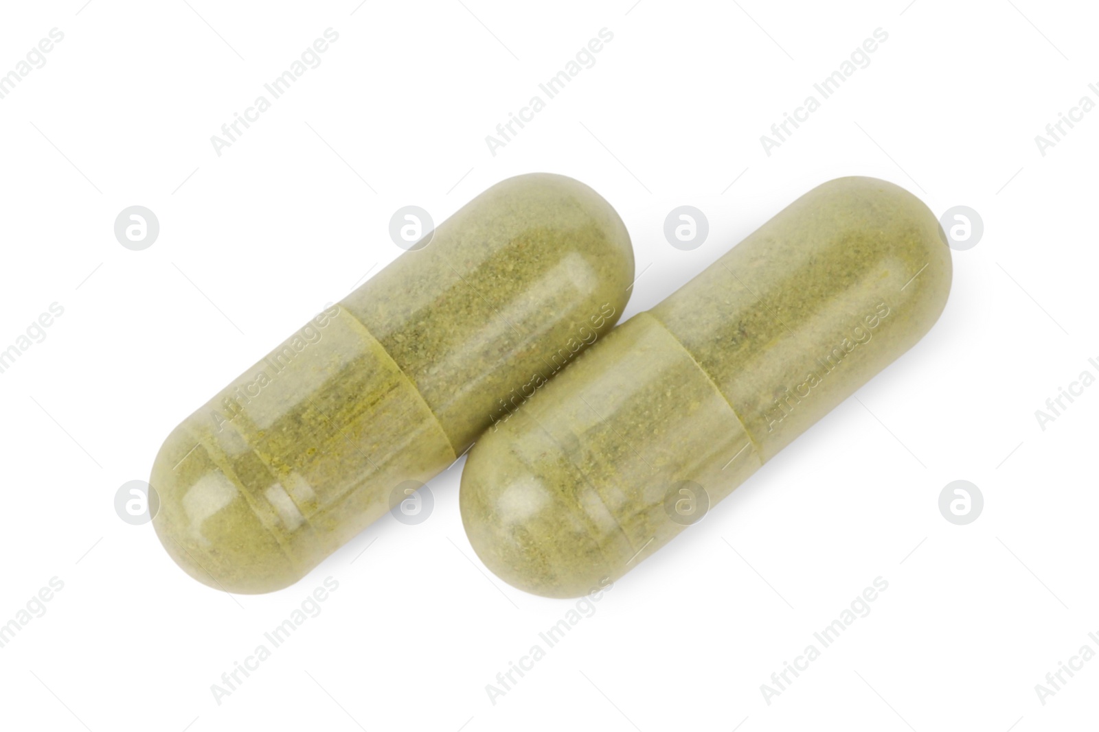 Photo of Vitamin capsules isolated on white, top view