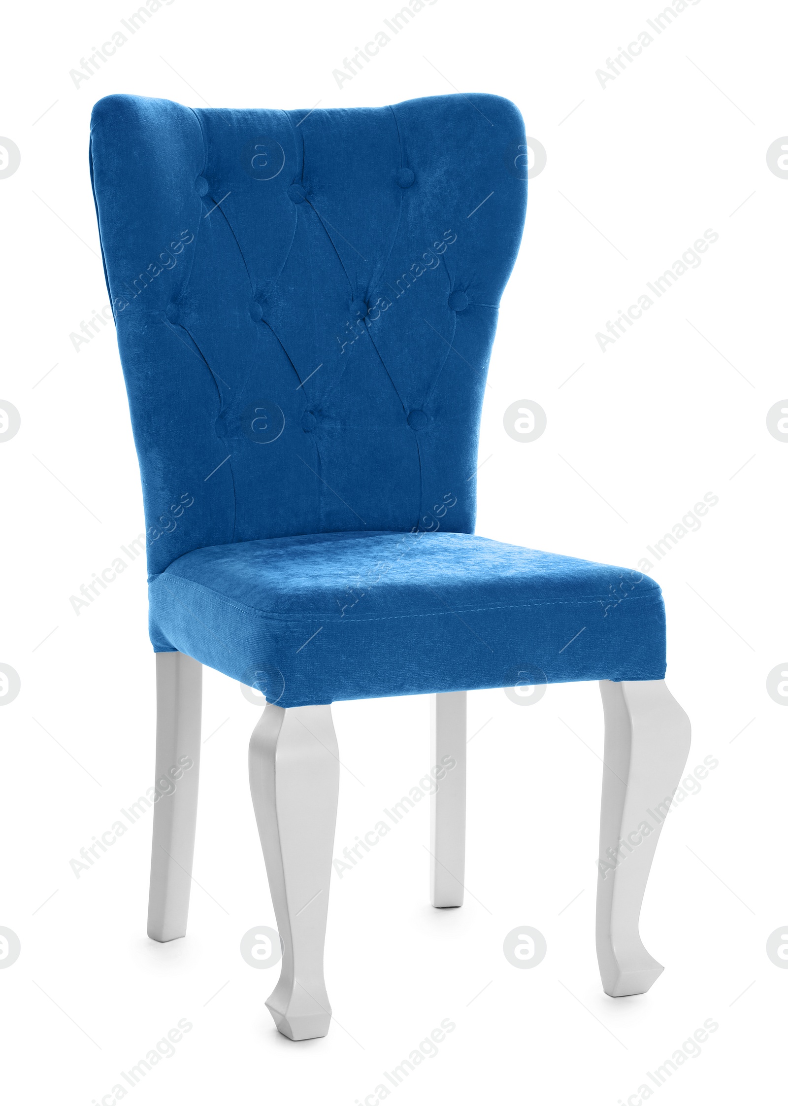 Photo of Stylish blue chair on white background. Element of interior design