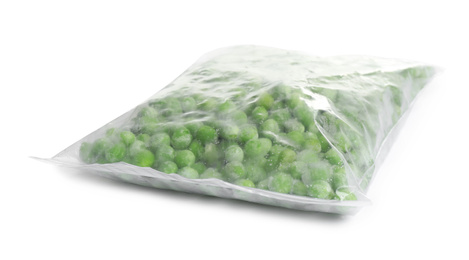 Photo of Frozen peas in plastic bag isolated on white. Vegetable preservation