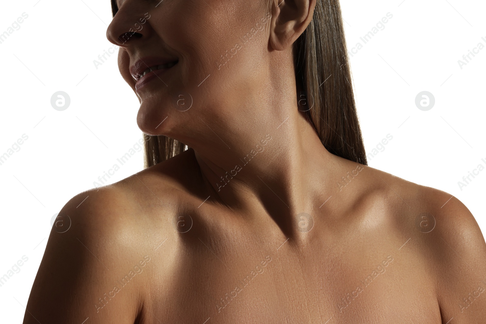 Photo of Mature woman with healthy skin on white background, closeup