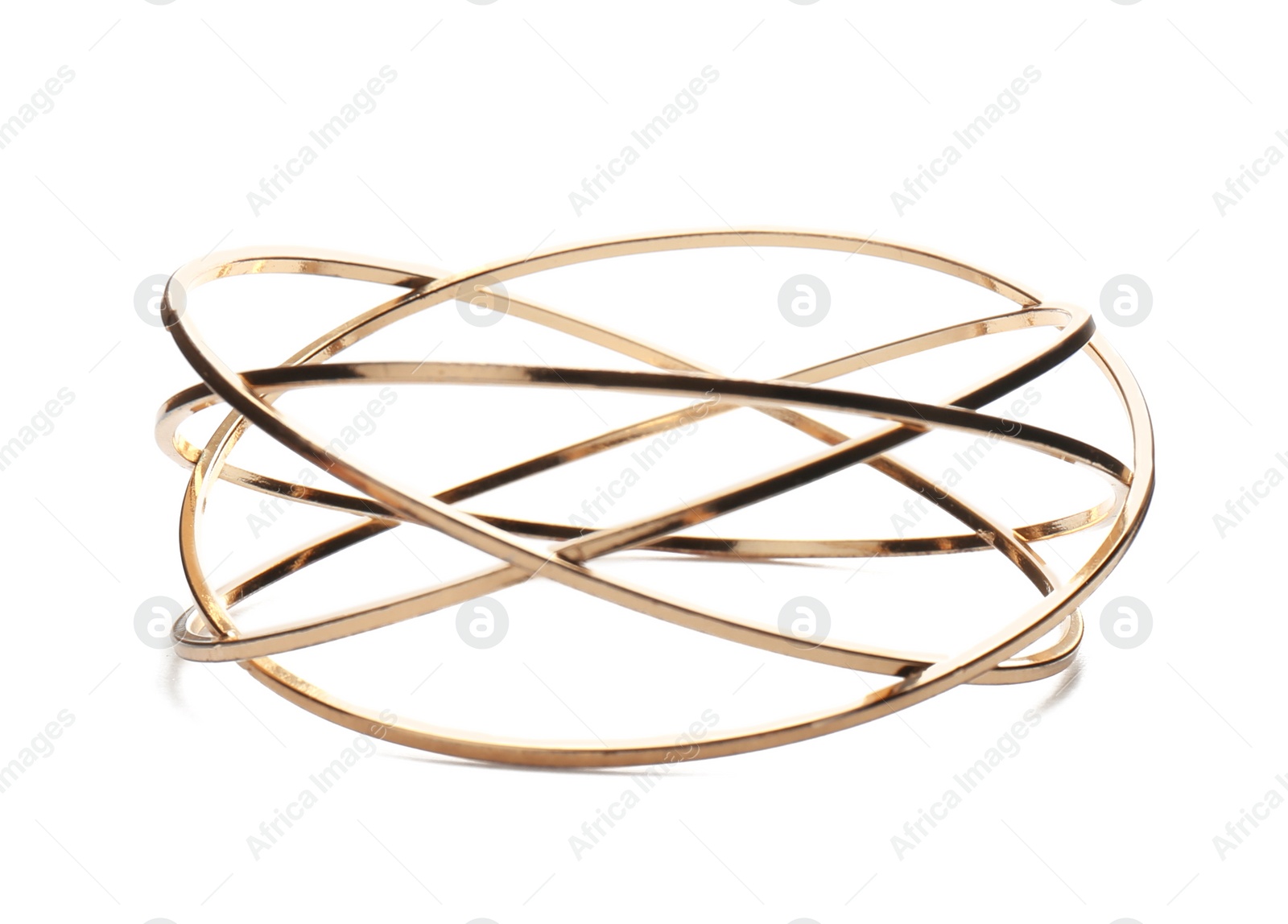 Photo of Stylish golden bracelet isolated on white. Fashionable accessory