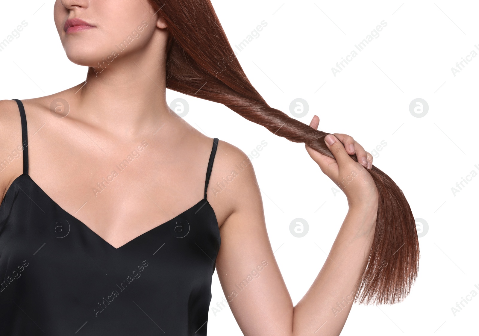 Photo of Beautiful young woman with healthy strong hair on white background, closeup