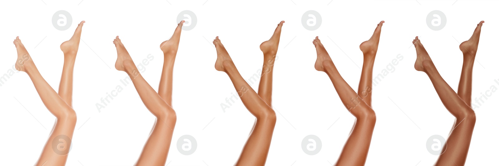 Image of Woman with beautiful legs on white background, closeup. Collage of photos showing stages of suntanning