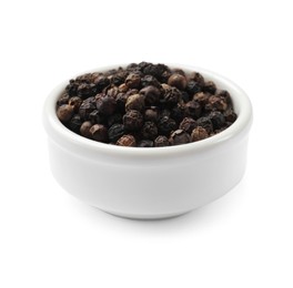 Photo of Aromatic spice. Many black peppercorns in bowl isolated on white