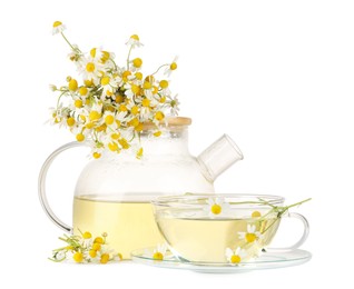 Photo of Aromatic herbal tea with chamomile flowers isolated on white