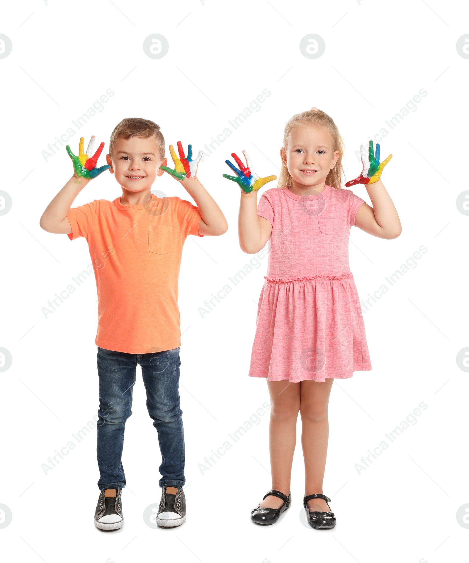 Photo of Little children with painted hands on white background