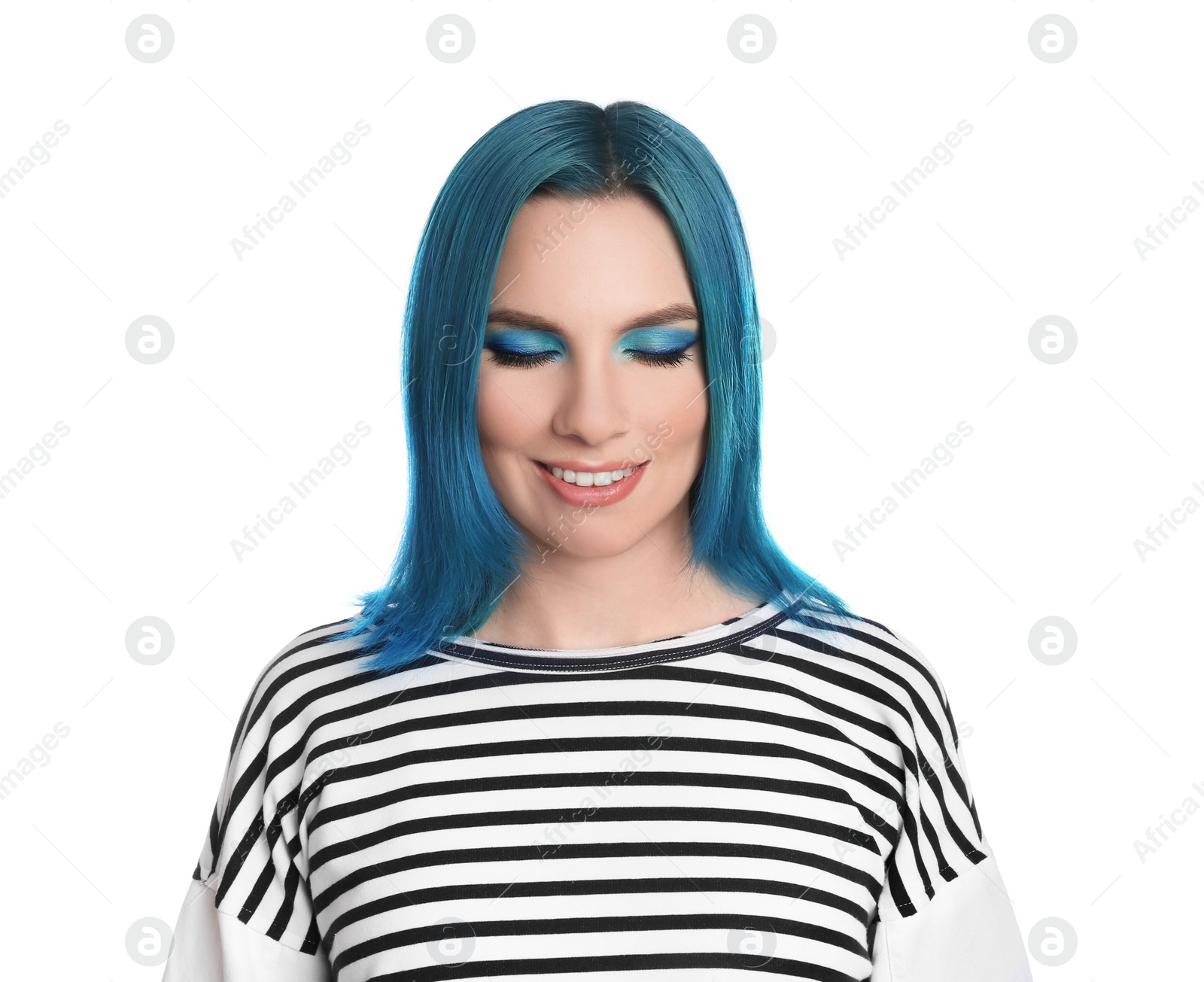 Photo of Young woman with bright dyed hair on white background