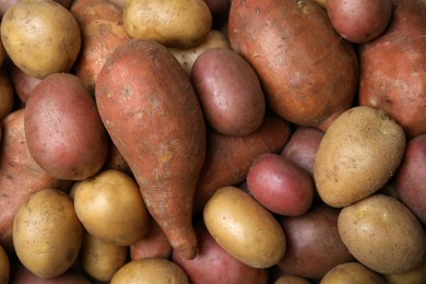 Photo of Different types of fresh potatoes as background, top view